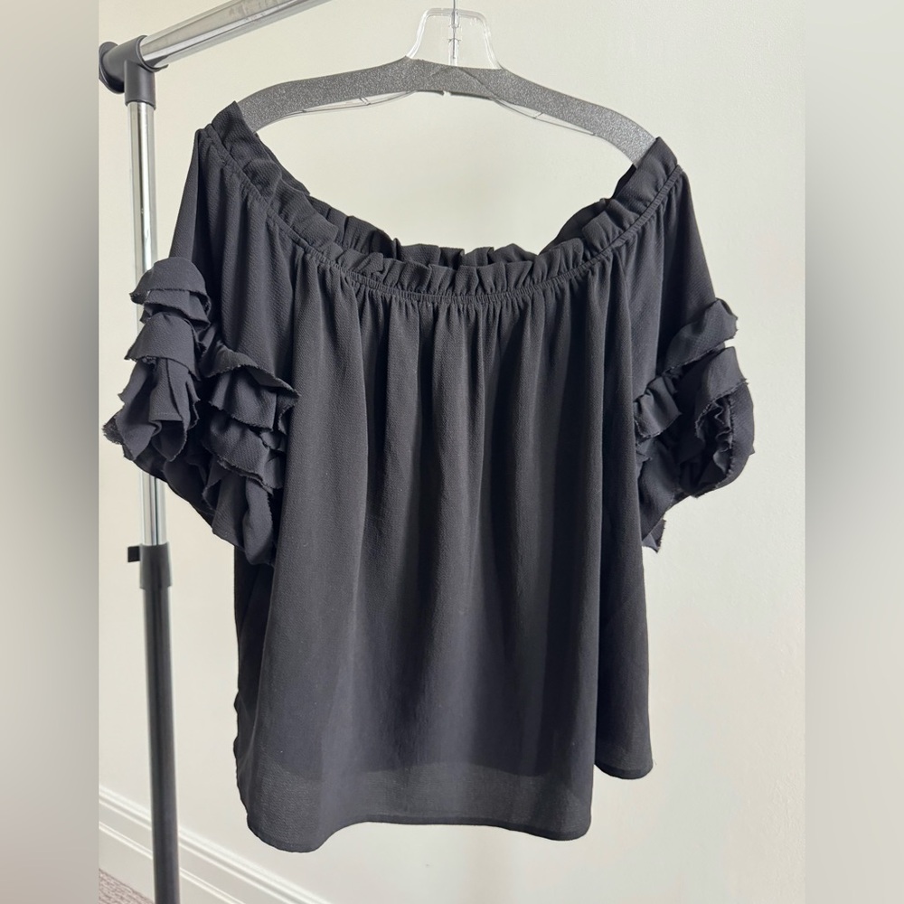 Vince Black Off-Shoulder Ruffle Sleeve Top